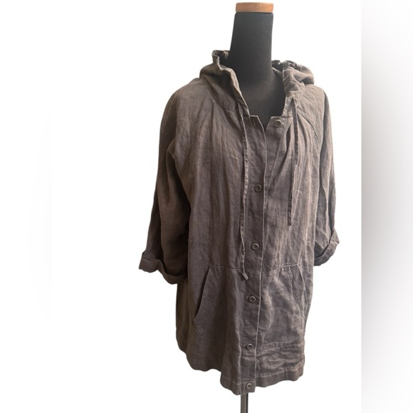 ORGANIC LINEN EILEEN FISHER Women’s SZ L Anorak Jacket Button Pockets Hood Brown - Picture 3 of 17